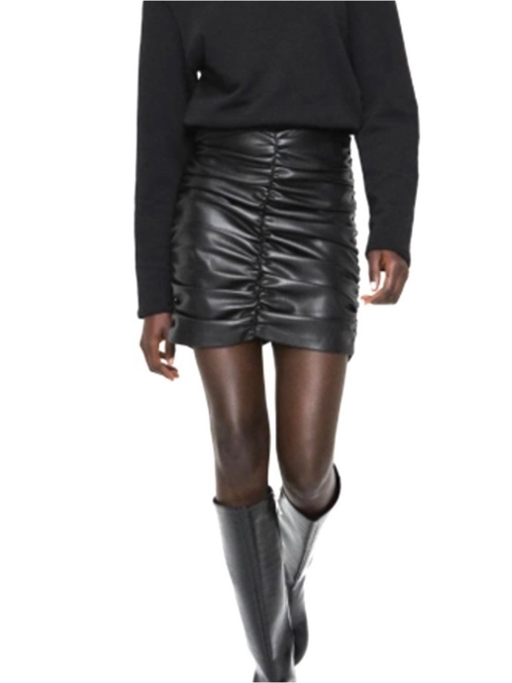 NWT Zara Black Faux Leather Ruched Draped Mini Skirt Medium
